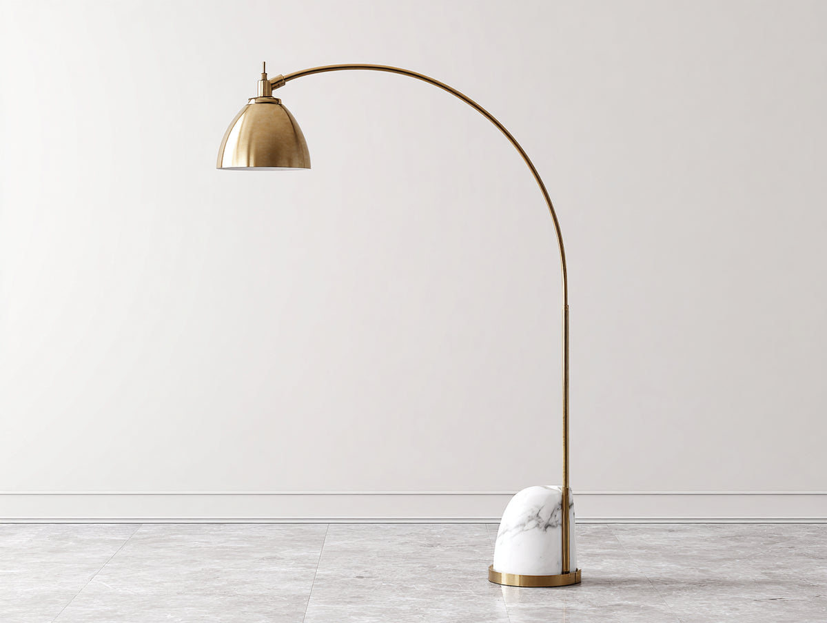 Lampe de bureau sur pied 120×38×165 cm - laiton doré et marbre blanc - grand bras courbe avec abat-jour orienté pour chambre à coucher