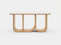 Console 120×35×78 cm - bois naturel courbé et plateau verre transparent - design contemporain pour chambre à coucher