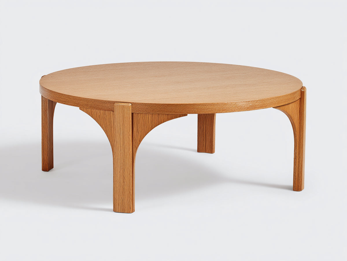 Table à manger circulaire 150×150×75 cm - bois miel - pieds droits et arches structurelles pour salle à manger