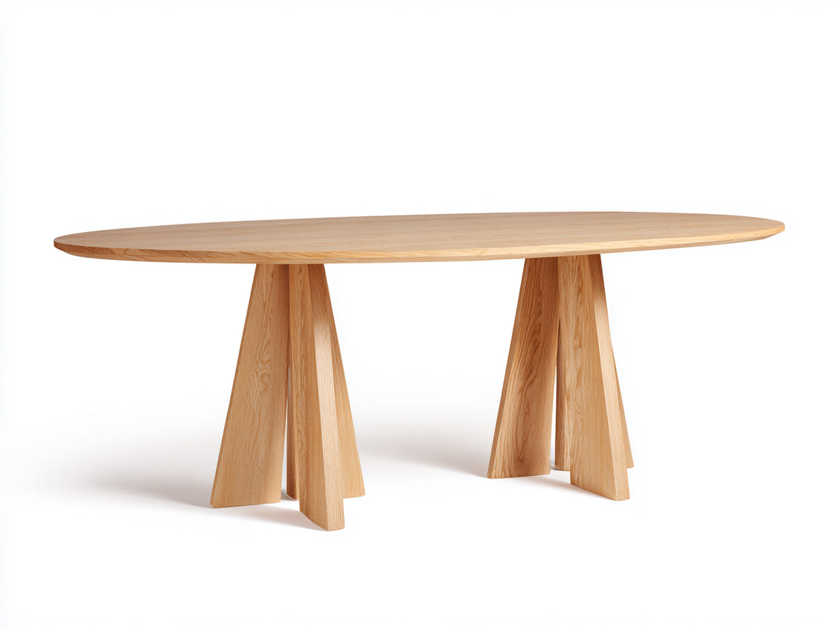 Table à manger 200×100×76 cm - bois naturel clair - plateau ovale large avec piètement double pour salle à manger moderne