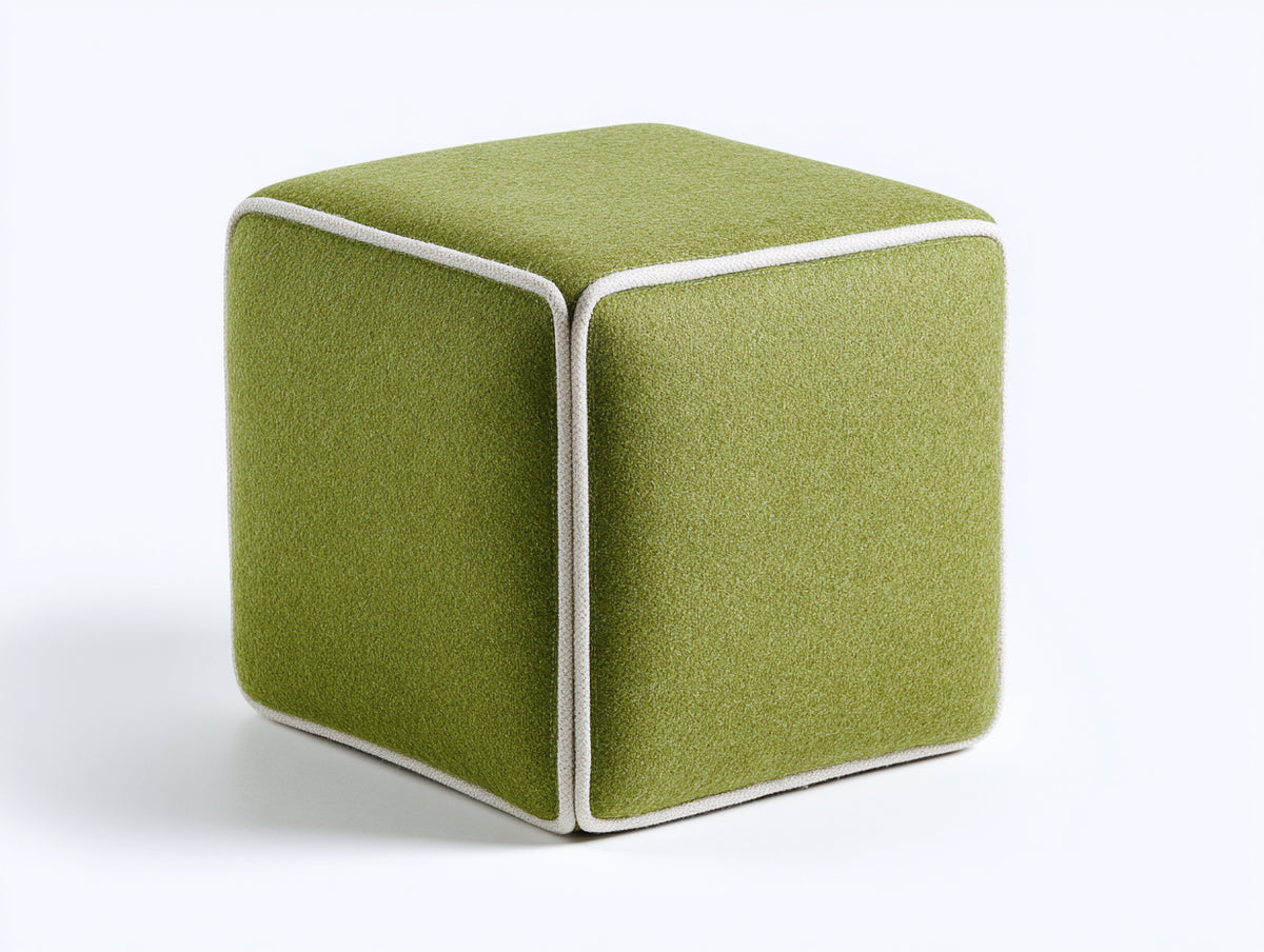 Tabouret cube 42×42×42 cm - tissu laineux vert olive et passepoil écru - assise rembourrée aux angles arrondis pour chambre à coucher