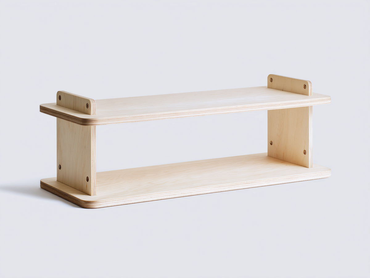 Console basse 110×32×48 cm - contreplaqué clair - double plateau ouvert aux angles arrondis pour chambre à coucher