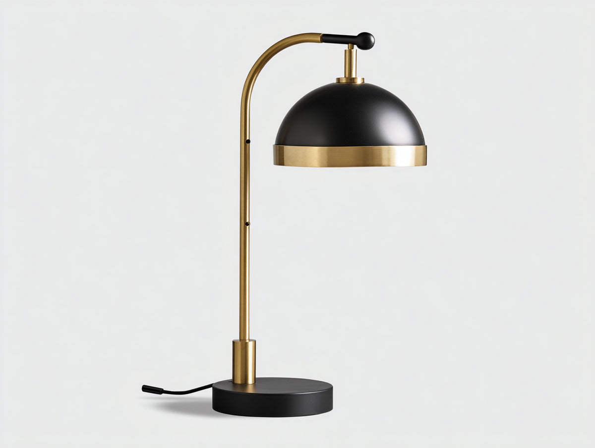 Lampe de bureau 38×30×68 cm - métal noir et laiton doré - abat-jour dôme avec tige arquée pour chambre à coucher