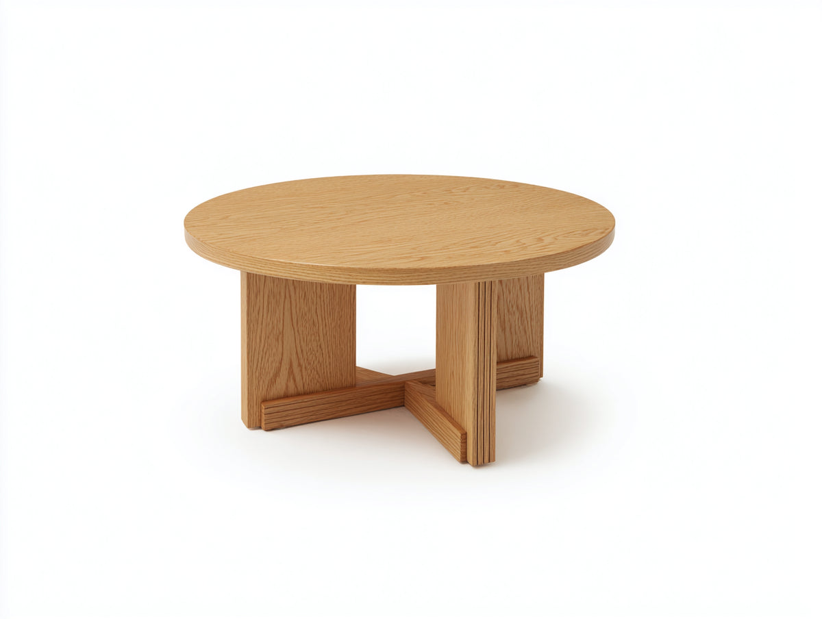 Table à manger ronde 120×120×75 cm - chêne blond - piètement central à panneaux croisés pour salle à manger