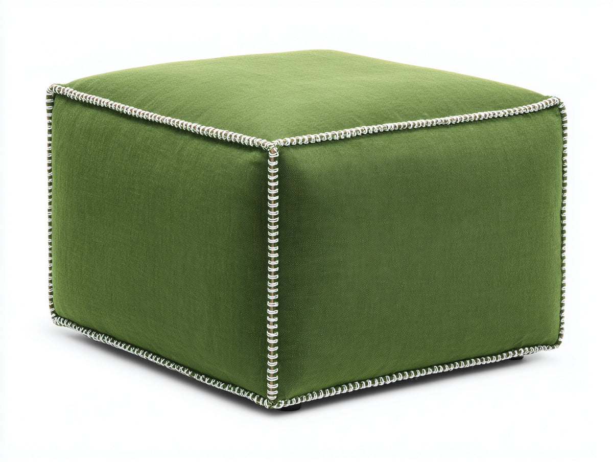 Tabouret 60×45×42 cm - tissu vert olive et surpiqûres blanches - pouf rectangulaire rembourré style contemporain pour chambre à coucher