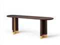 Console 150×40×78 cm - bois brun foncé et métal doré - plateau oblong avec pieds cylindriques pour chambre à coucher