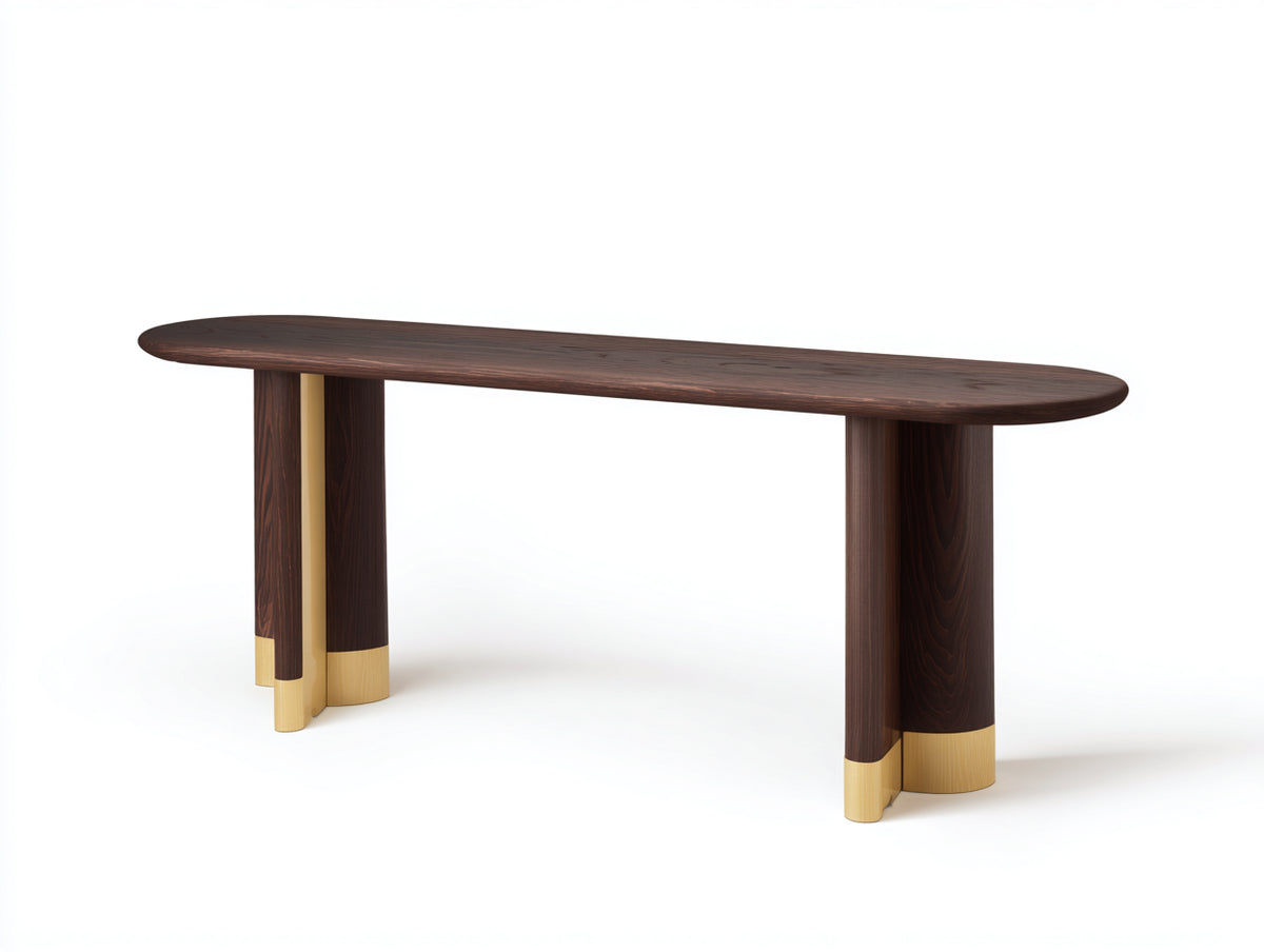 Console 150×40×78 cm - bois brun foncé et métal doré - plateau oblong avec pieds cylindriques pour chambre à coucher