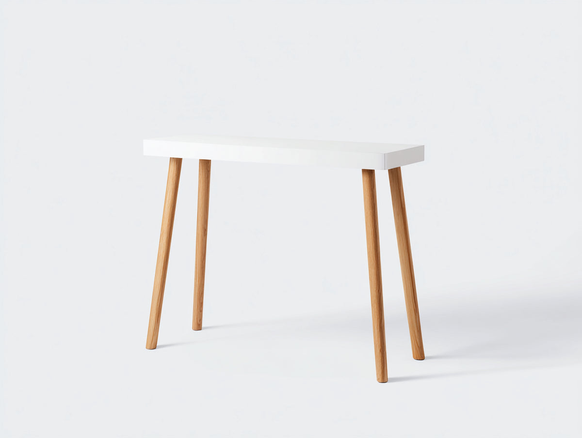 Console 110×35×78 cm - plateau blanc mat et pieds en bois de chêne clair - design scandinave pour chambre à coucher
