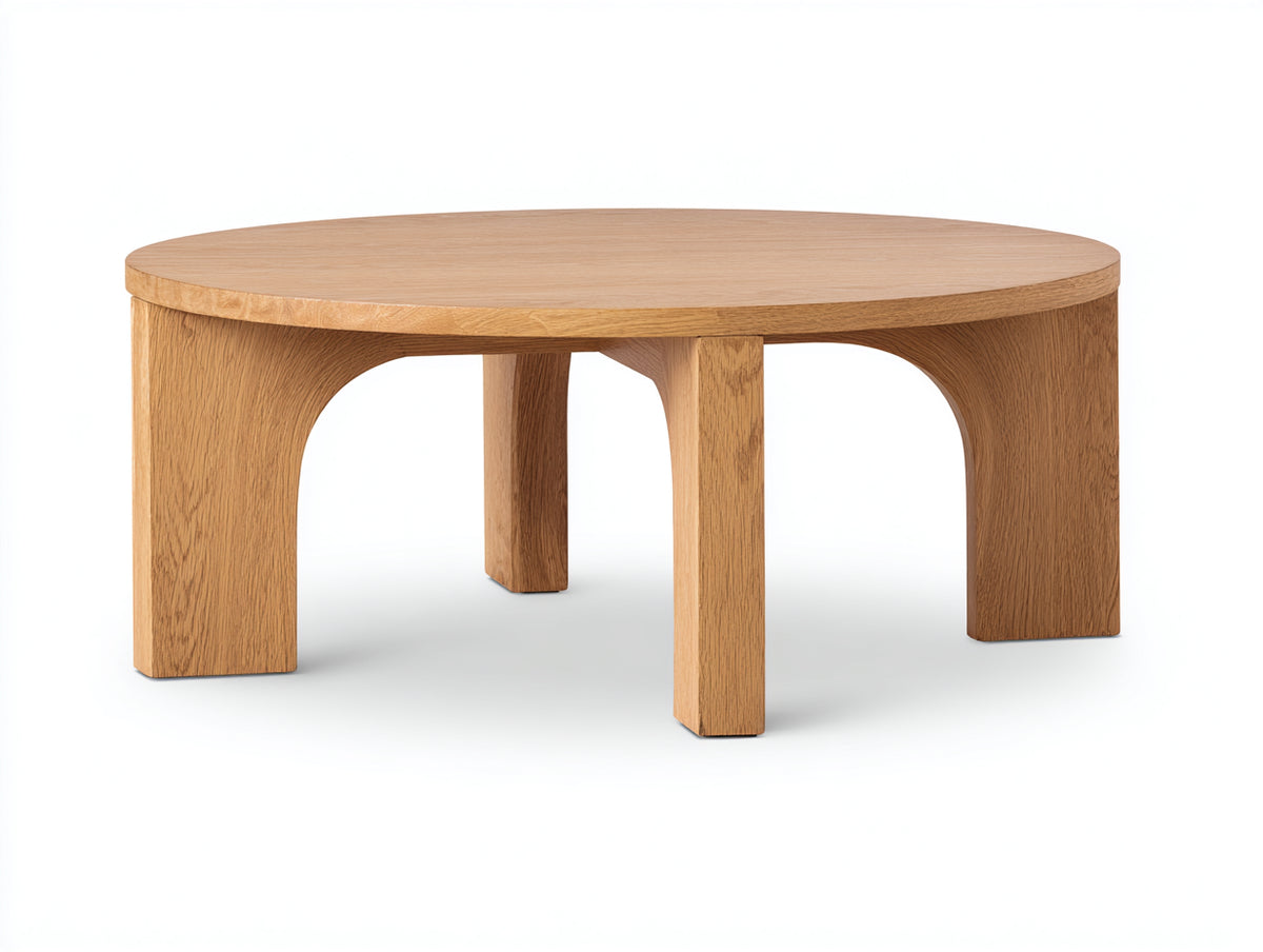 Table à manger 150×150×76 cm - chêne naturel clair - plateau rond large avec quatre pieds en bois style organique pour salle à manger