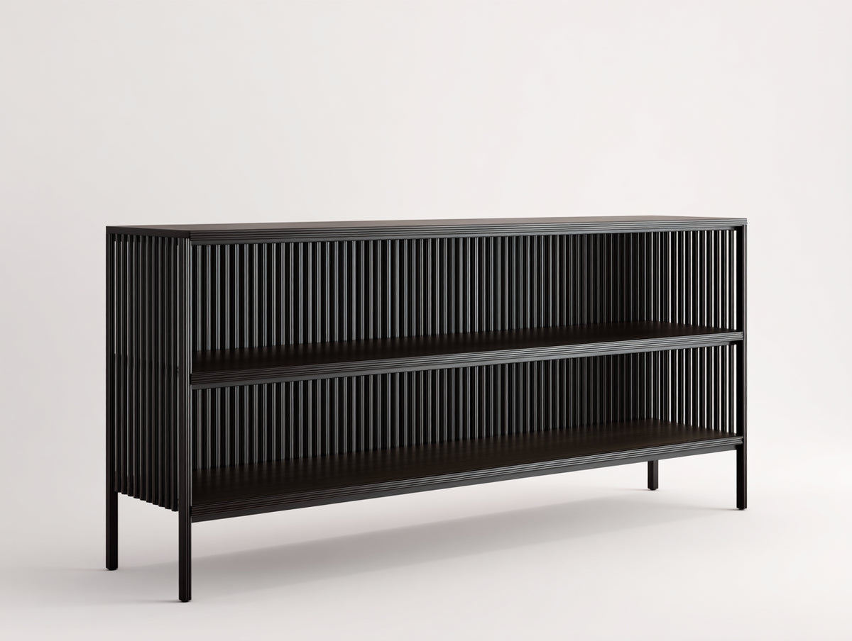 Console 160×40×80 cm - métal noir finition rainurée - rangement ouvert contemporain pour Chambre À Coucher