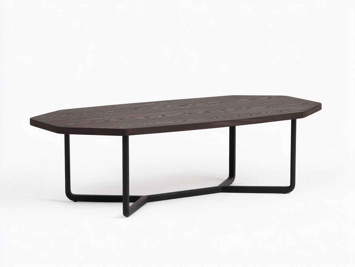 Table à manger 190×95×75 cm - bois foncé et métal noir - plateau ovale allongé avec piètement fin contemporain pour salle à manger