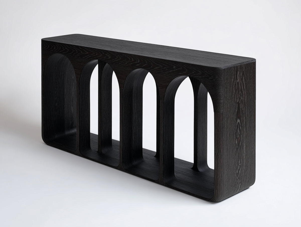 Console 120×35×75 cm - chêne noir texturé - structure ouverte avec arches décoratives pour chambre à coucher