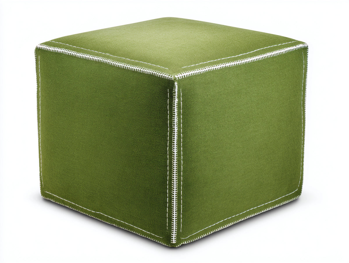Tabouret carré 45×45×44 cm - textile vert mousse et coutures blanches - pouf cubique au détail surpiqué pour chambre à coucher