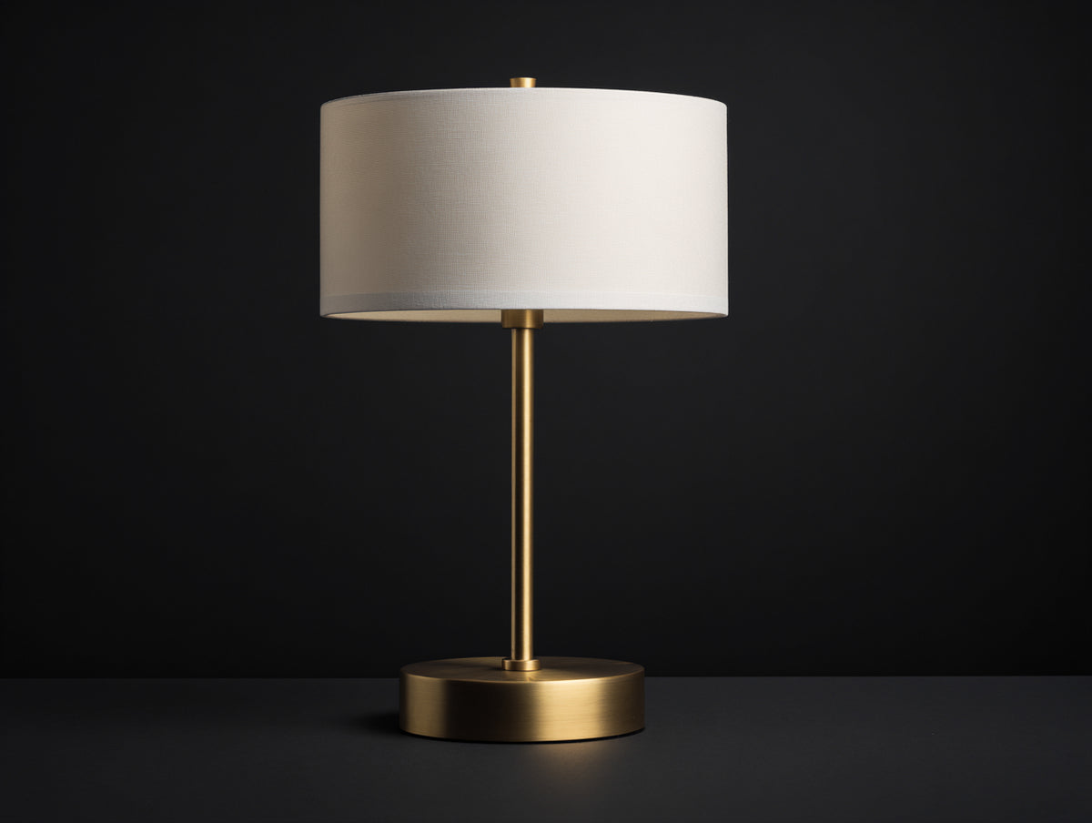 Lampe de bureau 36×36×56 cm - textile blanc et métal effet laiton - abat-jour tambour avec base ronde pour chambre à coucher