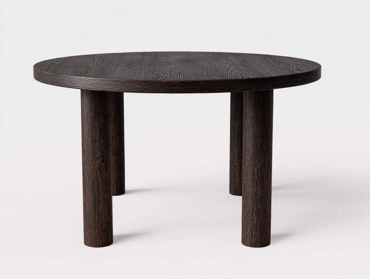 Table à manger ronde 130×130×75 cm - bois brun foncé nervuré - quatre pieds cylindriques pour salle à manger