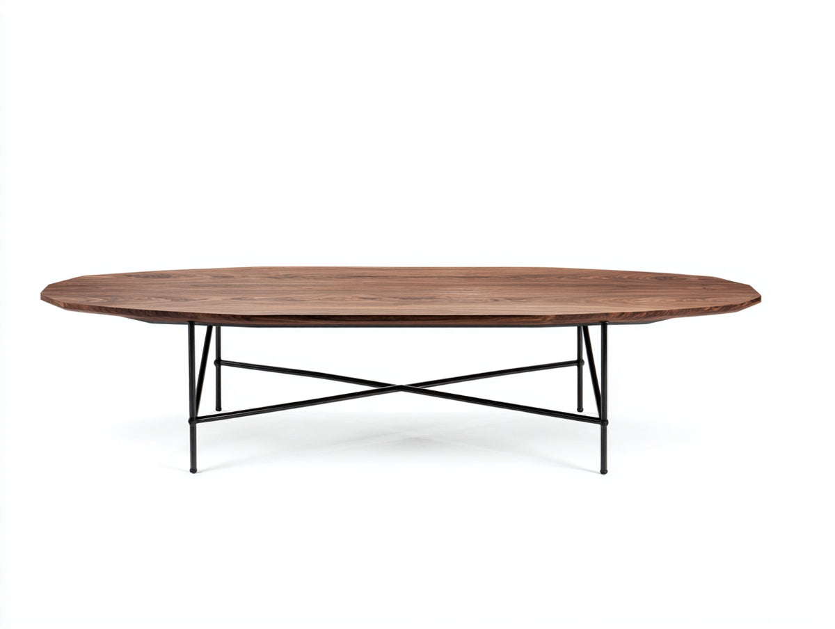 Table à manger ovale 200×95×75 cm - bois brun noyer et métal noir - piètement croisé au style industriel pour salle à manger