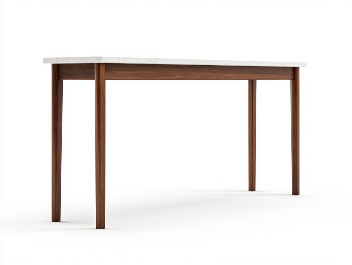 Console 140×38×80 cm - plateau blanc effet marbre et bois brun foncé - structure élancée pour chambre à coucher