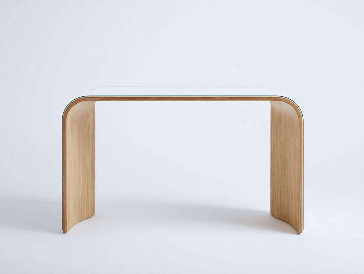 Console 120×35×80 cm - bois courbé naturel et verre transparent - plateau aérien au design minimaliste pour chambre à coucher