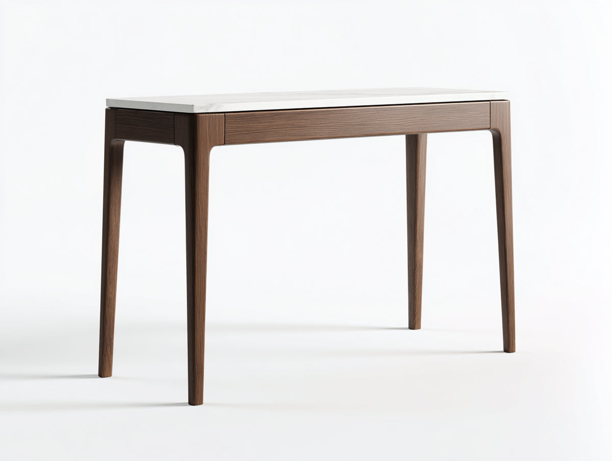 Console 125×38×80 cm - bois foncé et plateau blanc minéral - lignes épurées avec quatre pieds fins pour chambre à coucher